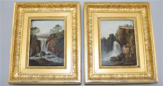 A pair of 19th century Italian micro-mosaic plaques, depicting figures beside waterfalls by Nicola de Vecchis, 4.5 x 3.25in., in gilt g